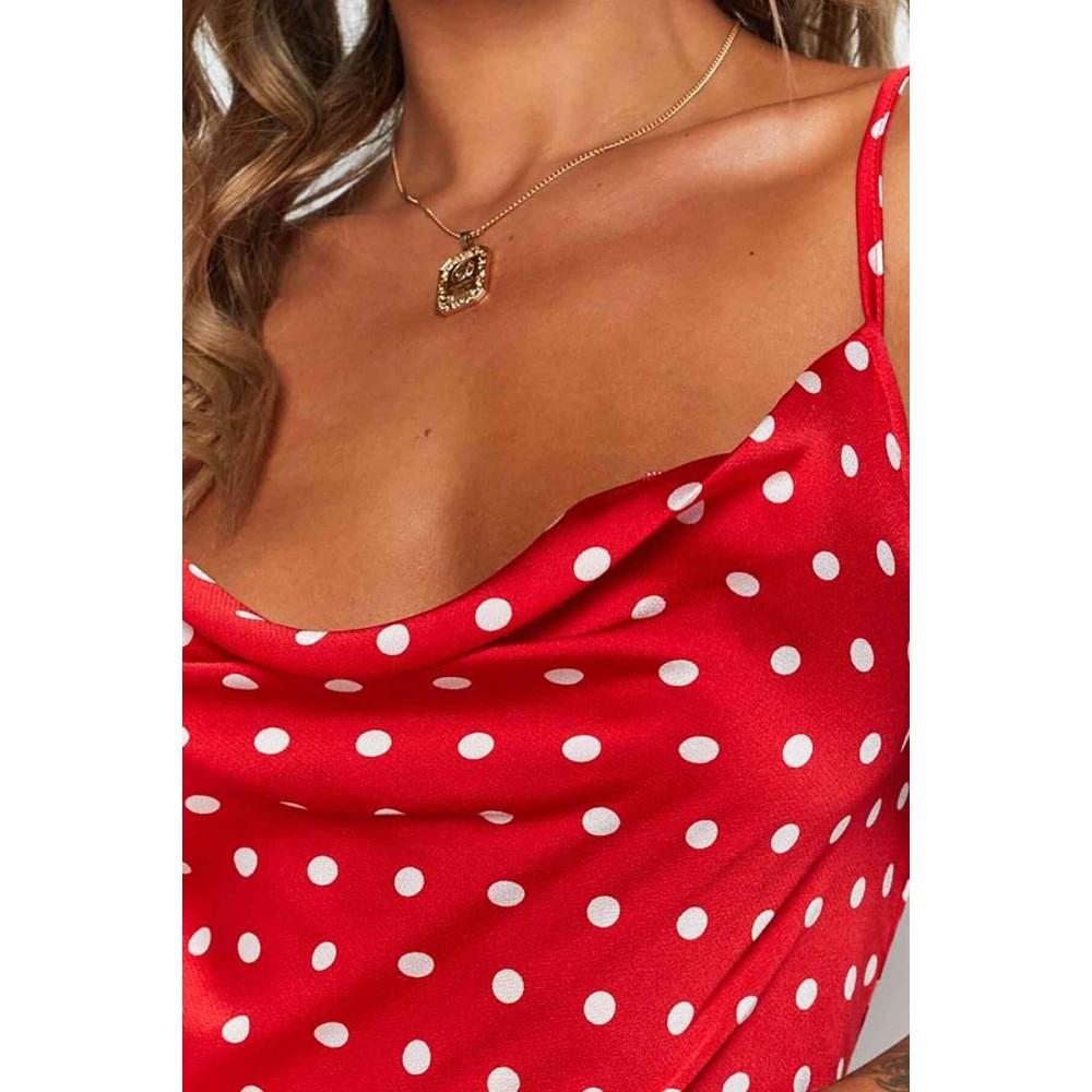 Saten Puantiyeli Mini Elbise Kırmızı