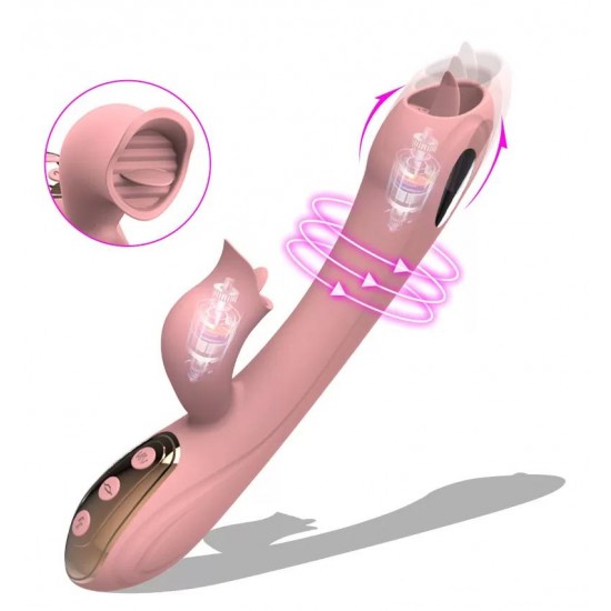 BESS Klitoris ve G-Spot Uyarıcı Dil Simülasyonu Elektroşok Titreşimli 2 in 1 Rabbit Vibratör - Pembe