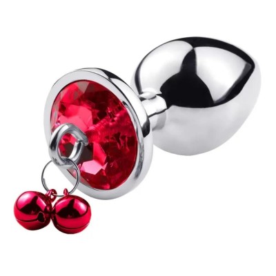        Silver Paslanmaz Çelik Kırmızı Taşlı Zilli Metal Anal Plug