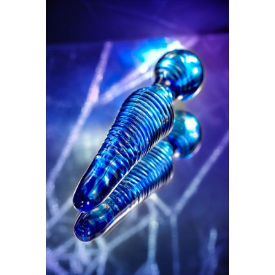 Çift taraflı yapay penis Sexus Glass, cam, mavi, 17 cm
