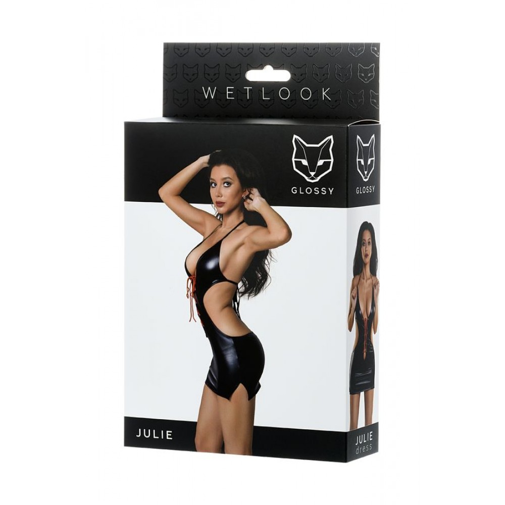 Glossy JULİE Kırmızı Bağcıklı Deri Elbise, Wetlook, siyah, XL