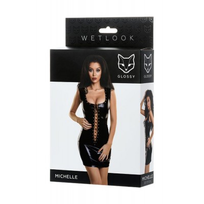 Glossy MİCHELLE Deri Elbise, Perçinli, Wetlook , siyah