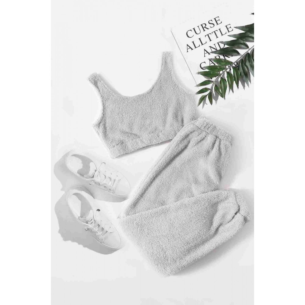 Kolsuz Askılı Peluş Polar Alt Üst Pijama Takımı Gri