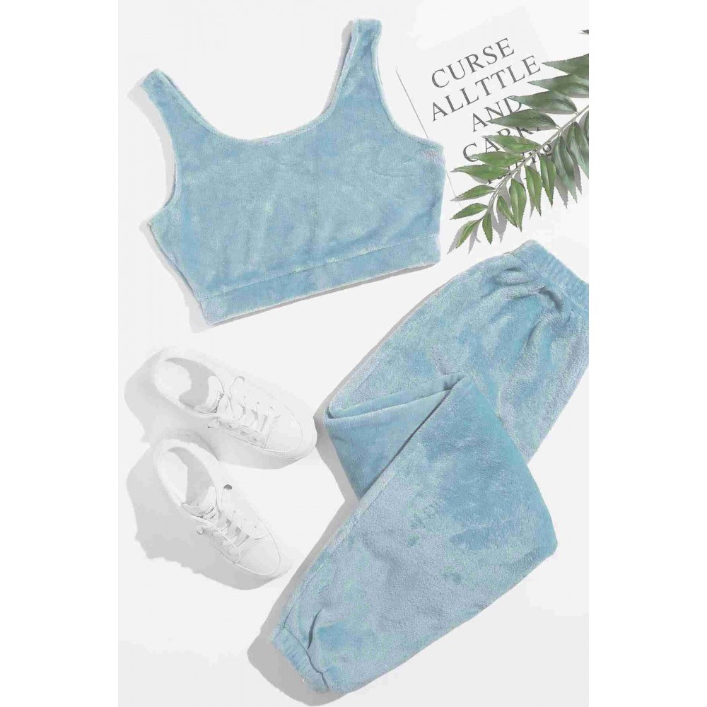 Kolsuz Askılı Peluş Polar Alt Üst Pijama Takımı Mavi