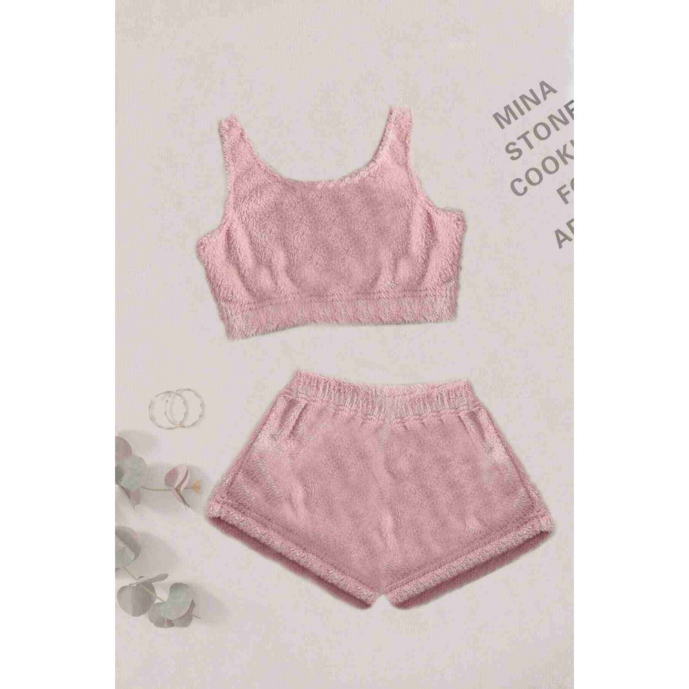 Kolsuz Askılı Peluş Polar Alt Üst Şortlu Pijama Takımı Beyaz