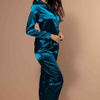 Saten Pijama Takım Düğmeli Yeşil