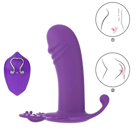 AMANRAYA Klitoris G-Spot ve Anal Uyarıcı 3 in 1 Giyilebilir Kelebek Vibratör - Mor
