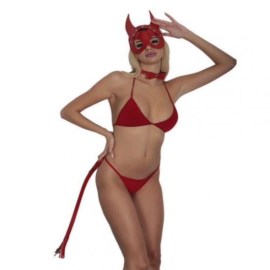 Kırmızı Maskeli Deri 3'lü Harness Set Takım + İç Çamaşır Takımı