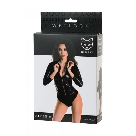 Glossy Alessia Bodysuit Wetlook malzemeden fermuarlı, siyah, XL