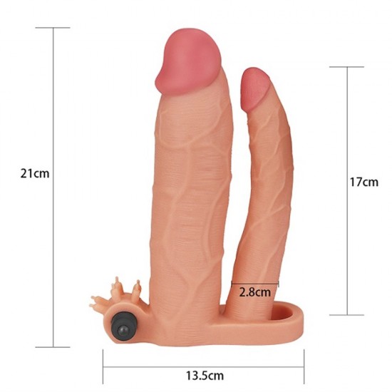 7,5 cm Uzatmalı Çiftli İçi Boş Titreşimli 21 cm Çatal Dildo Penis Kılıfı