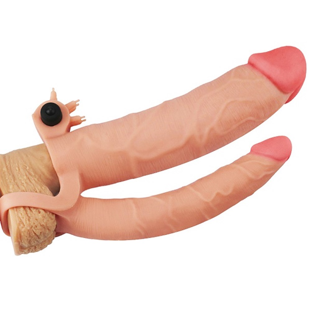 LOVETOY 7,5 cm Uzatmalı Çiftli İçi Boş Titreşimli 21 cm Çatal Dildo Penis Kılıfı
