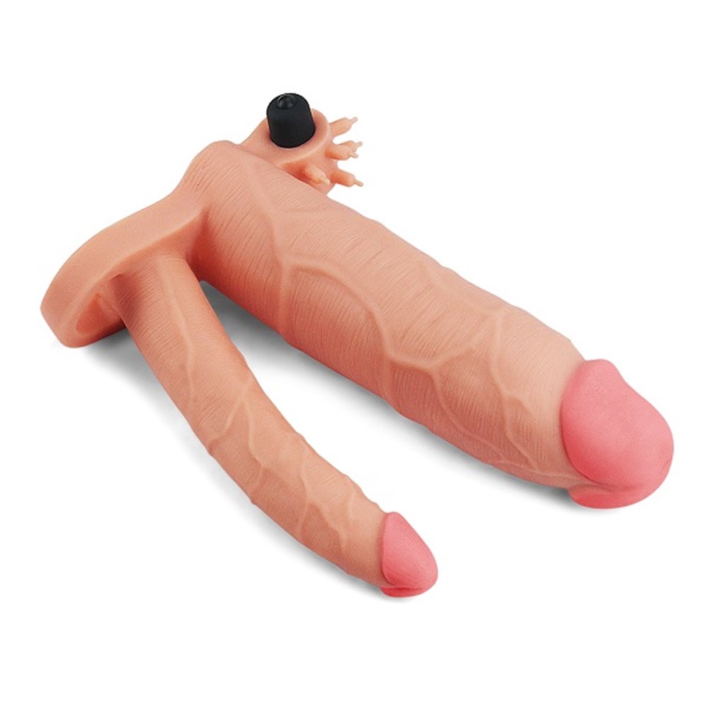 LOVETOY 7,5 cm Uzatmalı Çiftli İçi Boş Titreşimli 21 cm Çatal Dildo Penis Kılıfı