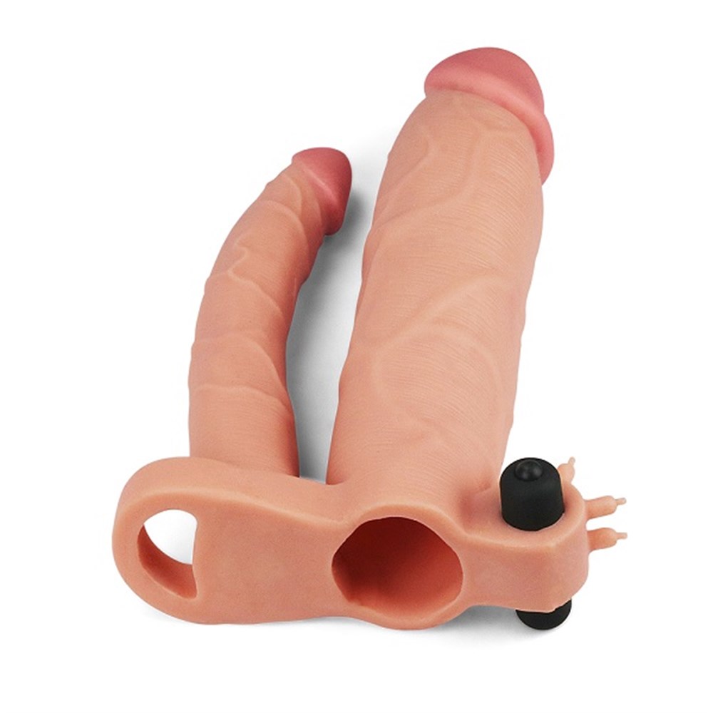 LOVETOY 7,5 cm Uzatmalı Çiftli İçi Boş Titreşimli 21 cm Çatal Dildo Penis Kılıfı