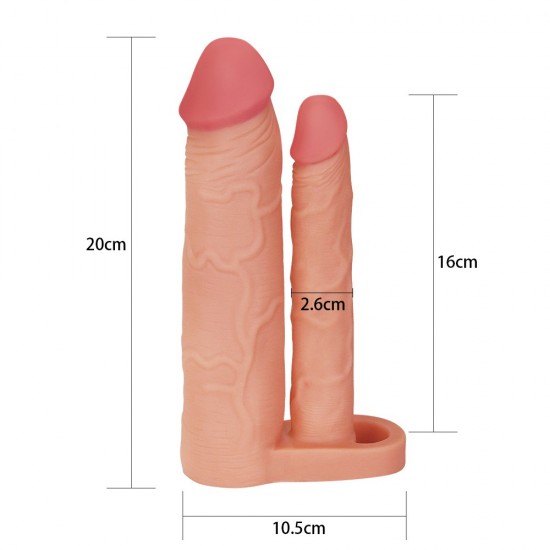 5 cm Uzatmalı Çiftli İçi Boş Testis Kavramalı 20 cm Çatal Dildo Penis Kılıfı