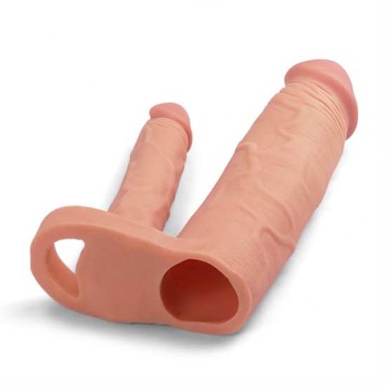 5 cm Uzatmalı Çiftli İçi Boş Testis Kavramalı 20 cm Çatal Dildo Penis Kılıfı