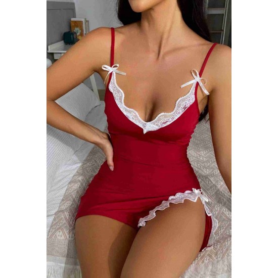 Bacak Yırtmaçlı Dantel İşlemeli Gecelik Babydoll iç giyim Kırmızı