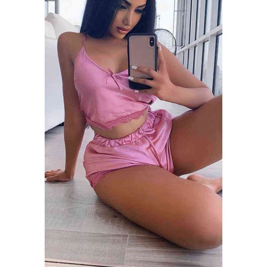 Merry See Saten Dantelli Şortlu Pijama Takım Pembe