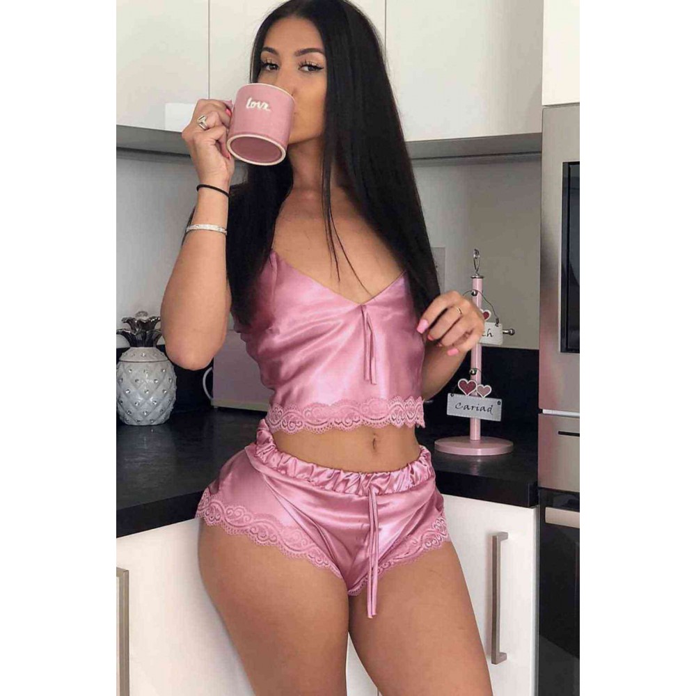 Merry See Saten Dantelli Şortlu Pijama Takım Pembe 