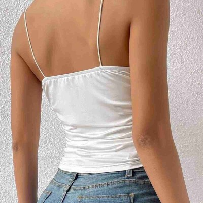 Kadın Kolsuz Askılı Degaje Yaka Bluz Crop Beyaz