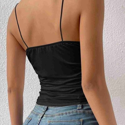 Kadın Kolsuz Askılı Degaje Yaka Bluz Crop Siyah