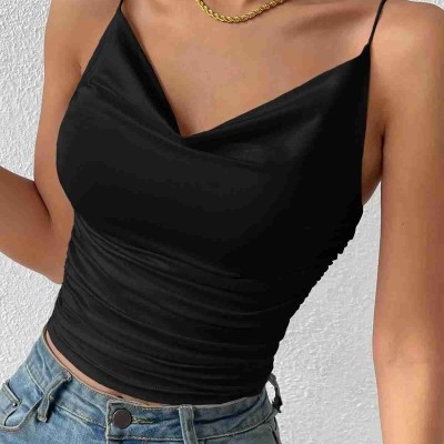 Kadın Kolsuz Askılı Degaje Yaka Bluz Crop Siyah