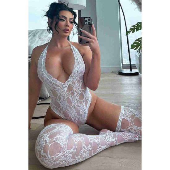 Dantel Çoraplı Fantezi iç giyim Bodysuit Beyaz