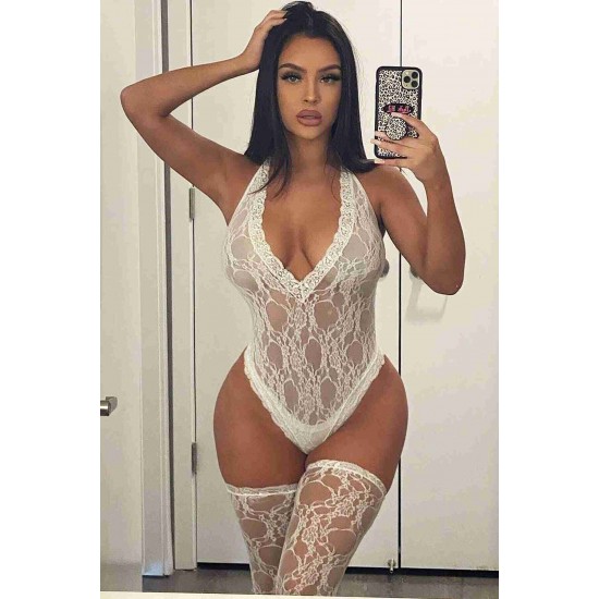 Dantel Çoraplı Fantezi iç giyim Bodysuit Beyaz