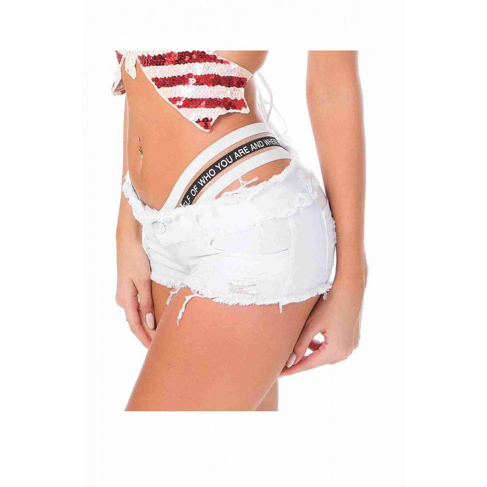 Bel Lastik Detaylı Denim Kot Şort Beyaz 