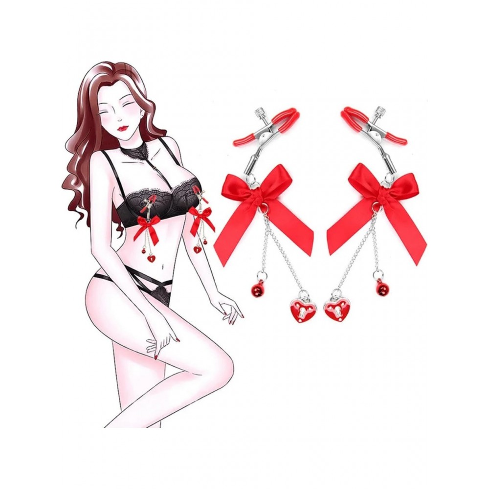 Kırmızı Kurdeleli Kalp Charm Göğüs Uyarıcı Meme Ucu Klipsi Red Ribbon Nipple Clamps x 2