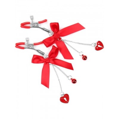 Kırmızı Kurdeleli Kalp Charm Göğüs Uyarıcı Meme Ucu Klipsi Red Ribbon Nipple Clamps x 2