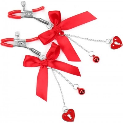 Kırmızı Kurdeleli Kalp Charm Göğüs Uyarıcı Meme Ucu Klipsi Red Ribbon Nipple Clamps x 2